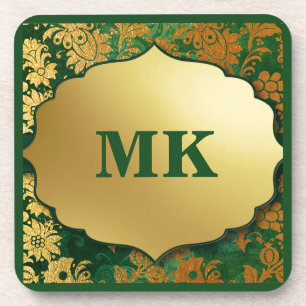 Dessous-de-verre Vintage Brocade Green & Gold Leaf Monogramme