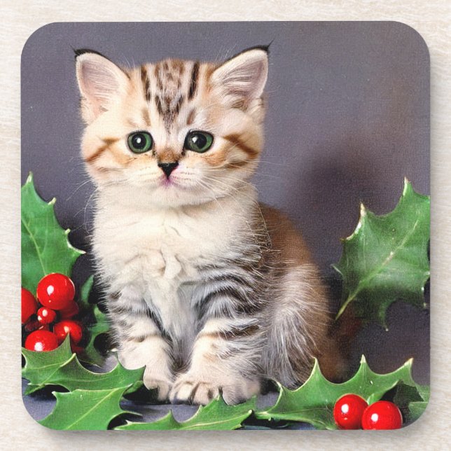 Dessous-de-verre Vintage Christmas Kitten et Holly (Devant)