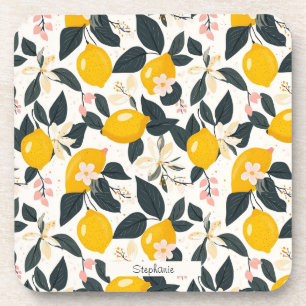 Dessous-de-verre Vintage citron et Motif de fleurs roses