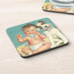 Dessous-de-verre Vintage Cute Baby Talking on Phone Puppy Dog