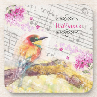 Dessous-de-verre Vintage oiseau sur les fleurs roses de l'arbre déc