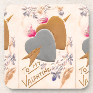 Dessous-de-verre Vintage Silver & Gold Hearts Valentine Postcard