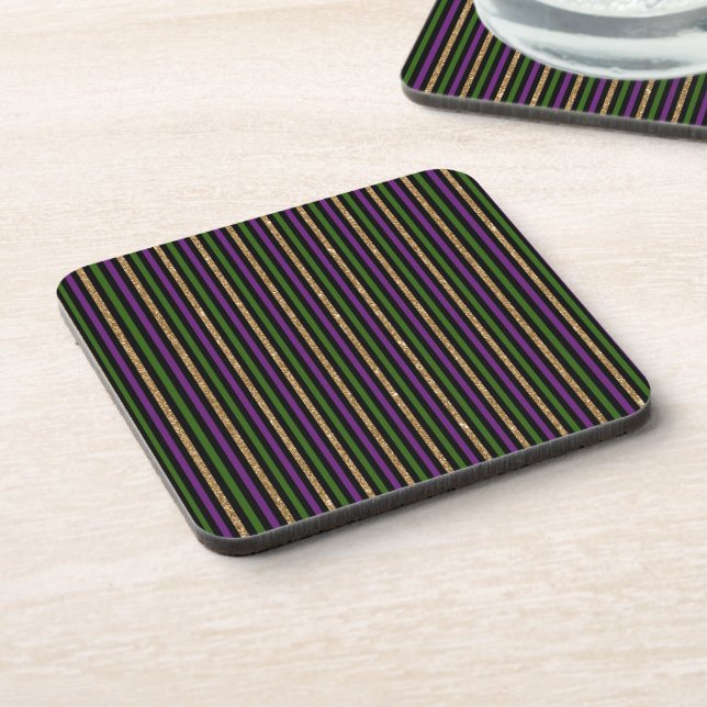 Dessous-de-verre Violet, Vert, Noir, Faux Gold Stripes Mardi Gras (Côté gauche)