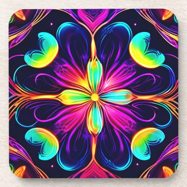 Dessous-de-verre Vivid Neon Floral Mandala Art (Devant)