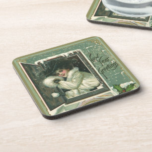 Dessous-de-verre Vœux de Nouvel An vintage, fenêtre de jeune fille