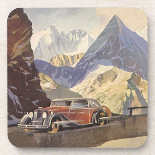 Dessous-de-verre Voiture vintage sur une route de montagne en hiver