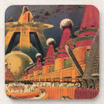 Dessous-de-verre Voiture volant vintage de science fiction futurist<br><div class="desc">illustration vintage image de science-fiction voyage et transport avec un livre classique retro sci fi milieu urbain avec une ville de l'avenir. Les bâtiments architecturaux sont en forme de cônes et les véhicules volent dans le ciel comme des oiseaux tandis que la foule se déplace à travers la métropole.</div>