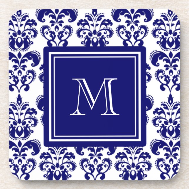 Dessous-de-verre Votre monogramme, motif 2 de damassé de bleu (Devant)