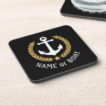 Dessous-de-verre Votre nom de bateau Ancre Elegant Gold Laurel Blac<br><div class="desc">Un élégant ensemble de casseroles à thème nautique avec votre nom de bateau personnalisé, nom de famille ou autre texte désiré. Doté d'une ancre de bateau conçue sur mesure avec des feuilles de laurier de style or et d'une étoile sur le noir ou facilement customiser la couleur de base pour...</div>