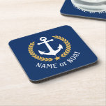 Dessous-de-verre Votre nom de bateau Ancre Gold Laurel Star Navy<br><div class="desc">Un ensemble de casseroles à thème nautique avec votre nom de bateau personnalisé, nom de famille ou autre texte souhaité. Doté d'une ancre de bateau conçue sur mesure avec des feuilles de laurier de style or et d'une étoile sur bleu marine classique ou facilement customiser la couleur de base pour...</div>