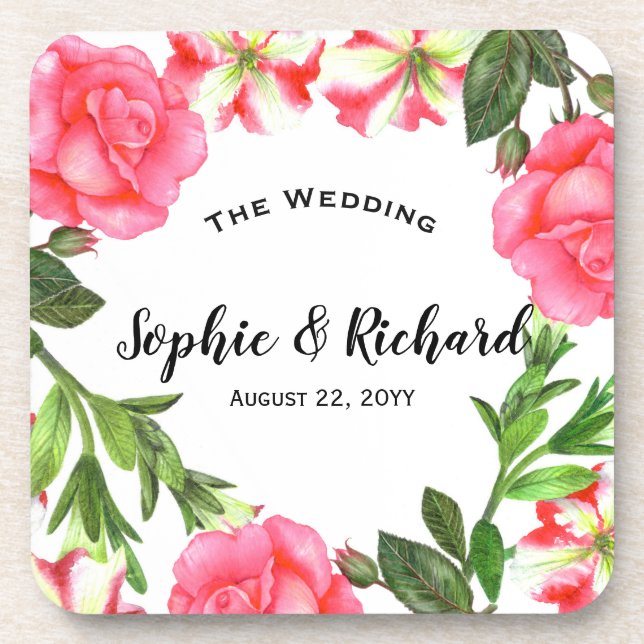 Dessous-de-verre Watercolor Pink Flowers Circle Wreath (Devant)