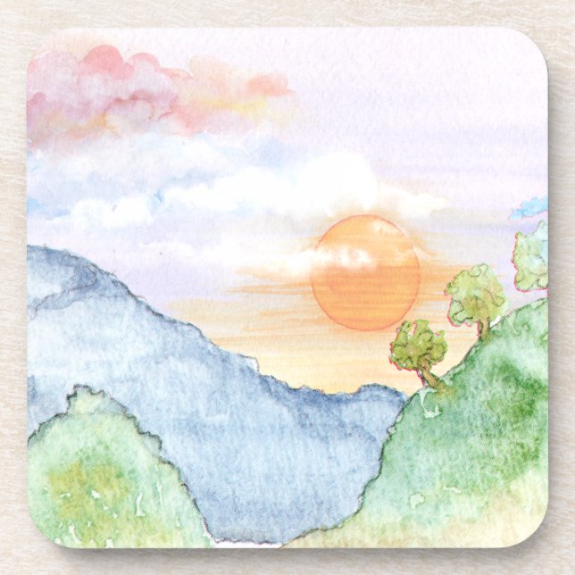 Dessous-de-verre Watercolor Sunset over Mountains & Trees (Devant)