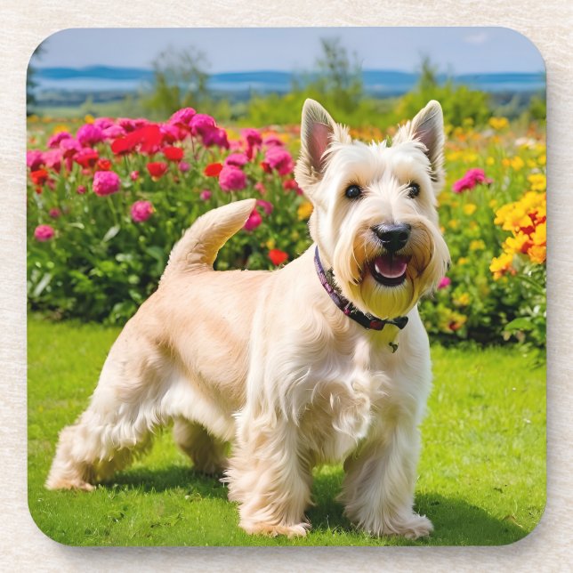Dessous-de-verre Wheaten Scottish Terrier jouant dans Flowers Grass (Devant)