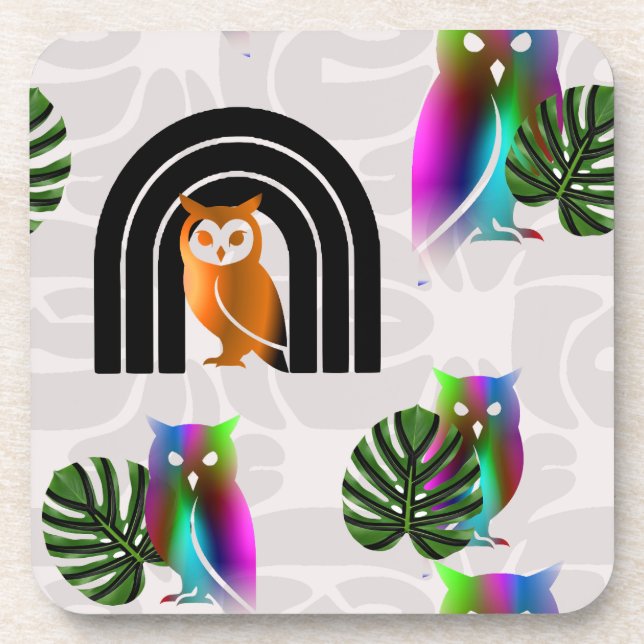 Dessous-de-verre Whimsical Boho Owl & Tropical Monstera Leaf (Devant)