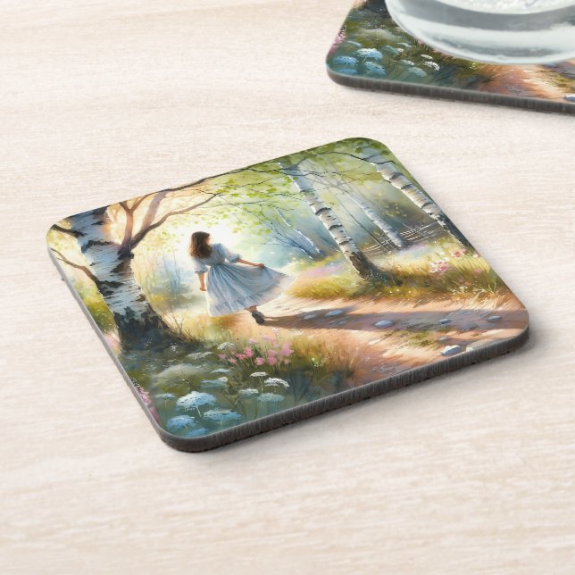 Dessous-de-verre Whimsical Girl Dancing Through Birch Forest (Côté gauche)