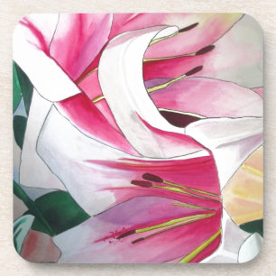 Dessous-de-verre White and Pink Lily flower watercolor original art