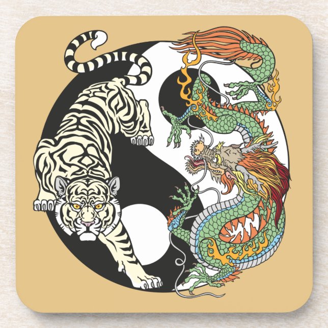 Dessous-de-verre White tiger versus green dragon in the yin yang (Devant)