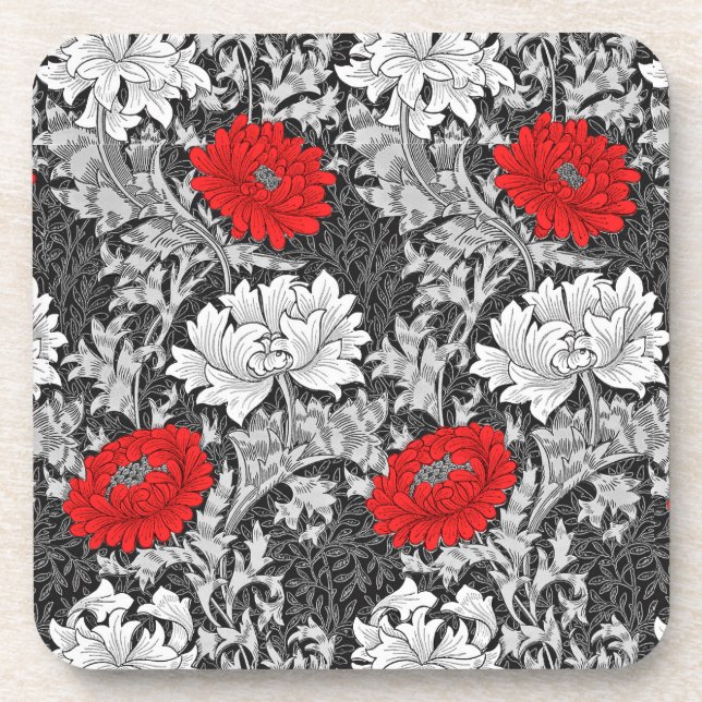 Dessous-de-verre William Morris Chrysanthèmes, gris et rouge (Devant)