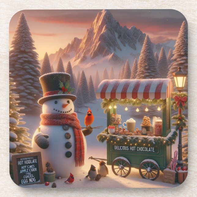 Dessous-de-verre Winter Wonderland Snowman's Hot Chocolate Cart (Devant)