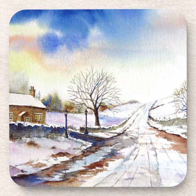 Dessous-de-verre Wintery Lane Watercolor (Devant)