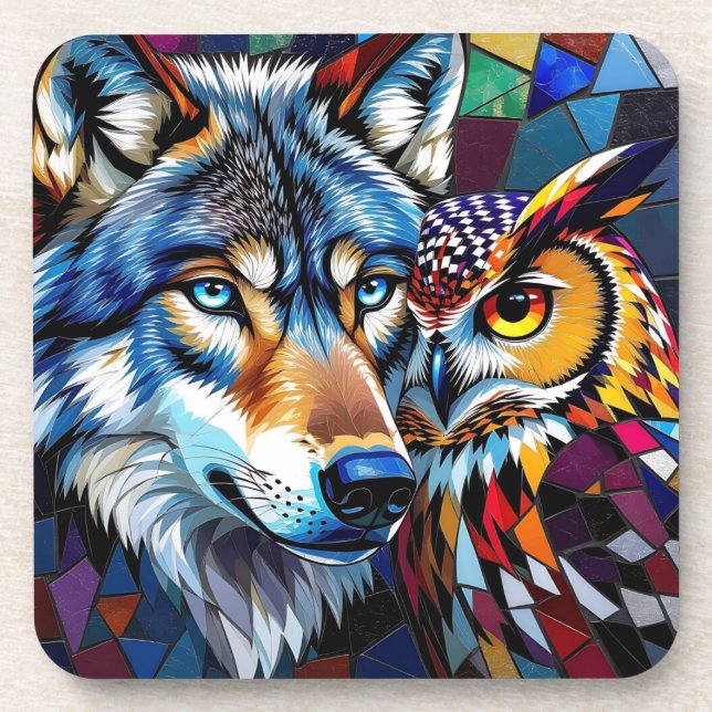 Dessous-de-verre Wolf and Owl Vibrant and Colorful  (Devant)
