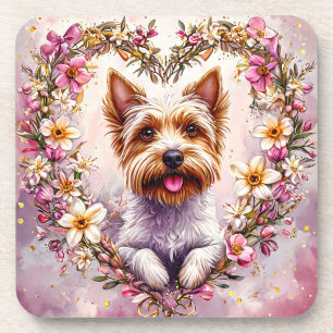 Dessous-de-verre Yorkie Adorable Entouré de Couronne Florale