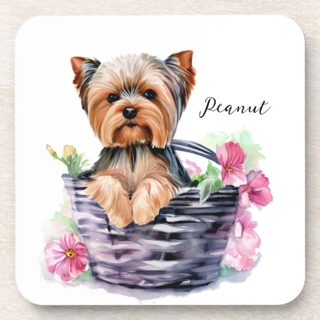 Dessous-de-verre Yorkie personnalisé dans le panier aquarelle (Devant)