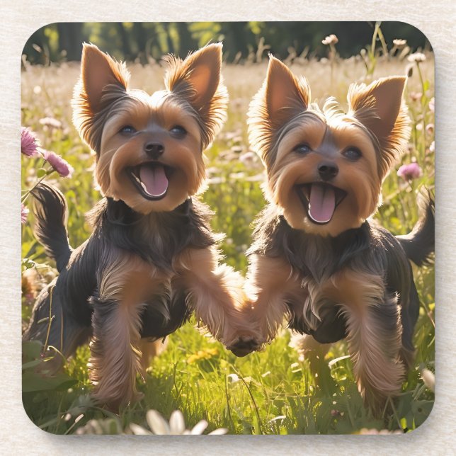Dessous-de-verre Yorkshire Terriers Jouer dans l'herbe (Devant)