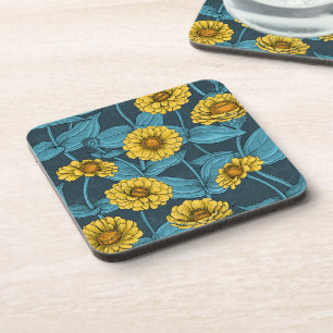 Dessous-de-verre Zinnias jaune sur bleu foncé