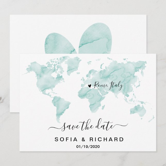 Destination de mariage Carte du monde à l'aquarell (Devant / Derrière)