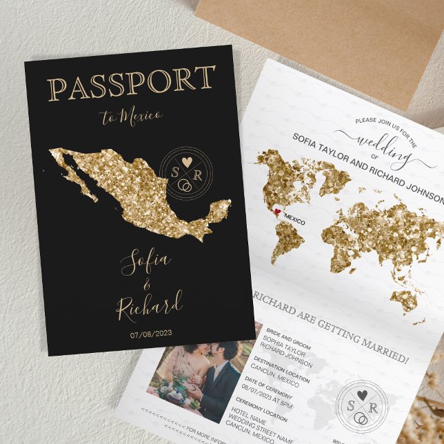Destination Mariage Passport Gold Carte du monde M (gold glitter and black passport)
