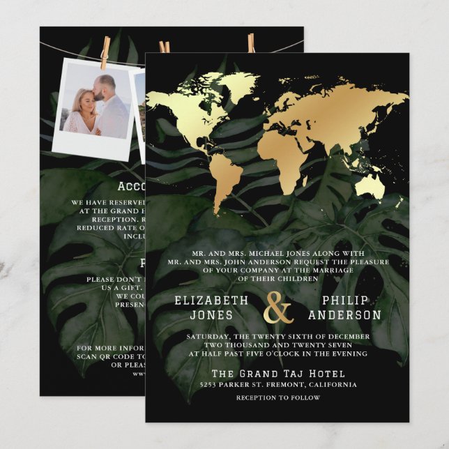 Destination Tropicale Carte du Monde Mariage en Or (Devant / Derrière)