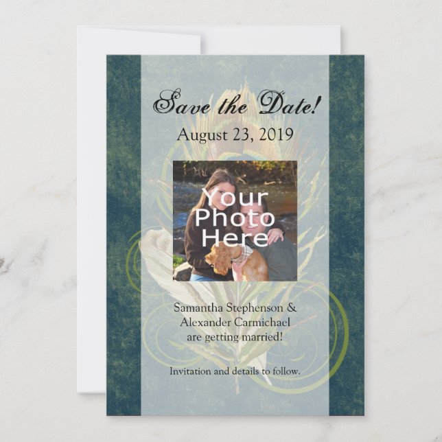 Détail artistique Paon Mariage 5x7 Save the Date (Devant)
