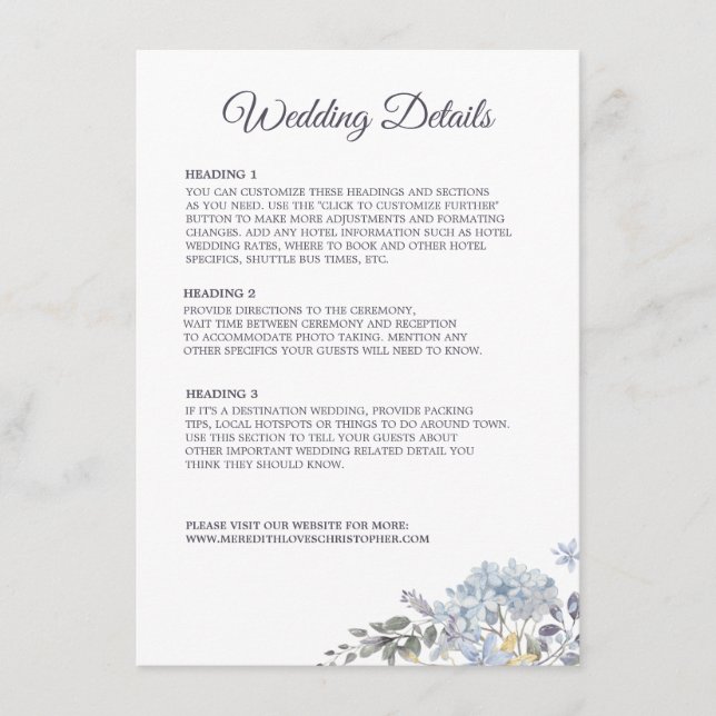 Détail de mariage Menu Combo Fleurs Bleu Poussiére (Devant)
