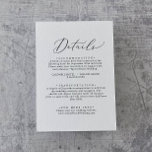 Détails de calligraphie noire détaillée Carte de b<br><div class="desc">Cette délicate carte d'enceinte de détails de calligraphie noire est parfaite pour un mariage moderne. Le design minimaliste romantique présente une belle et élégante typographie noire sur un arrière - plan blanc au look épuré et sobre.</div>