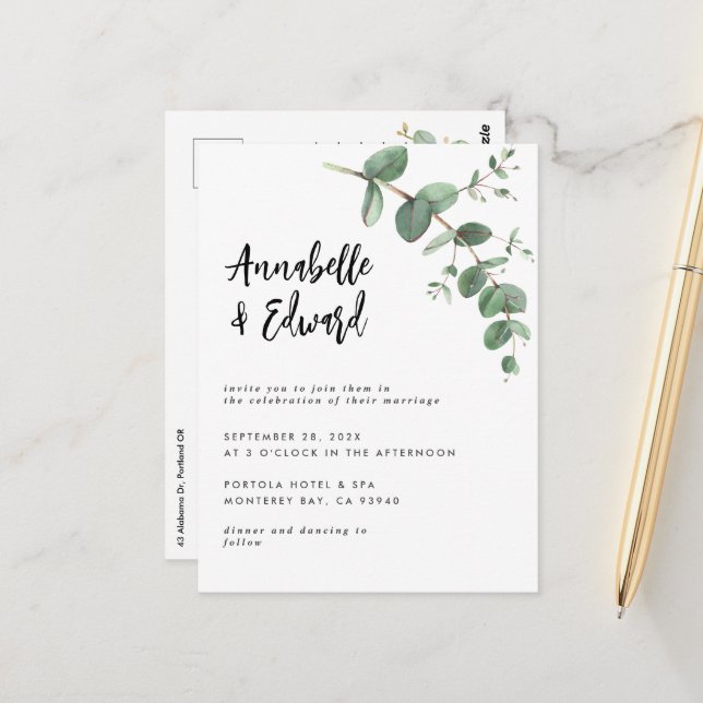 Détails de l'eucalyptus mariage et invitation (Devant/Arrière en situation)