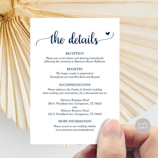 Détails du mariage, carte de boîtier de script rus (Wedding Details, Rustic Script Enclosure Card, in Navy Blue)