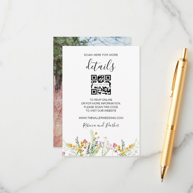 Détails du mariage fleur sauvage QR carte d'insert (Devant/Arrière en situation)