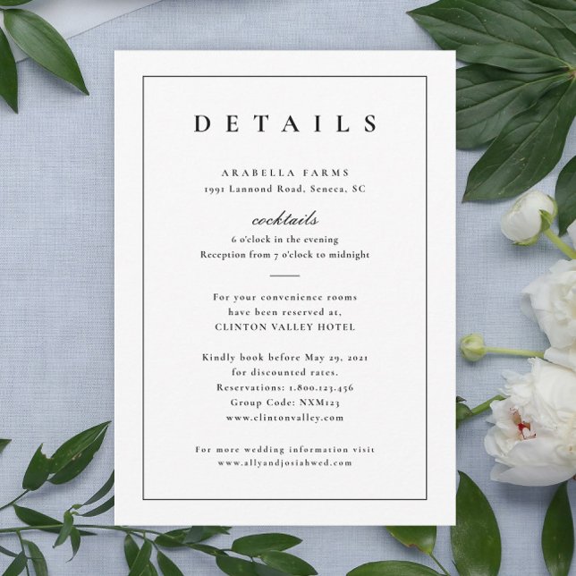 Détails du Mariage noir et blanc classique Boîtier (Simple Typographic Wedding Invitation Details Enclosure Card.)