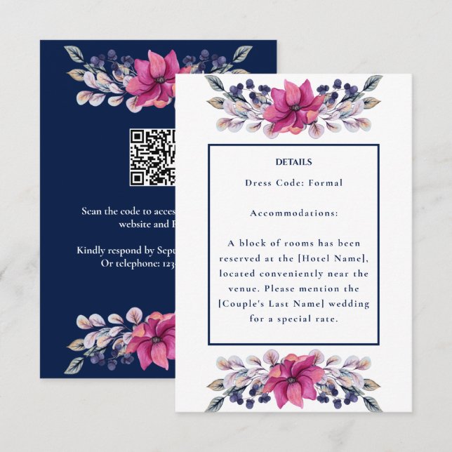 Détails Fuchsia Pink Navy Enseigne QR Code RSVP (Devant / Derrière)