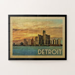 Detroit Jigsaw Puzzle Michigan Vintage voyage<br><div class="desc">Design de Detroit Michigan dans le style Vintage voyage avec un beau coucher de soleil de la ville.</div>