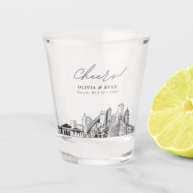 Detroit Skyline Mariage Faveur Cheers Shot Verre (Devant)