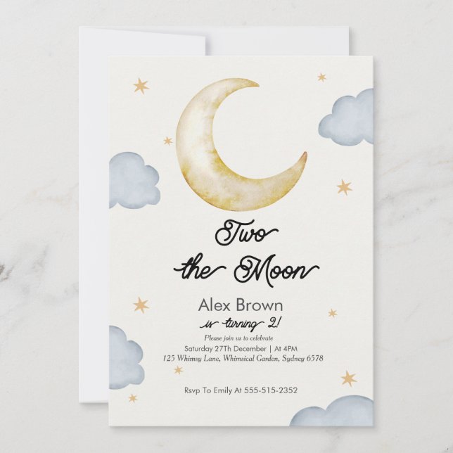 Deux à la lune Invitation d'anniversaire 2 ans gar (Devant)