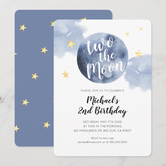 Deux à la Lune Invitation d'anniversaire de 2 ans  (Devant / Derrière)