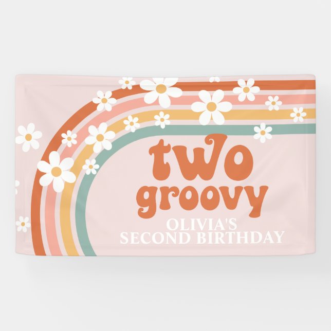 Deux bannières d'anniversaire groovy rétro arc-en- (Horizontal)