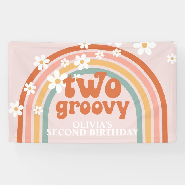 Deux bannières d'anniversaire groovy rétro arc-en- (Horizontal)