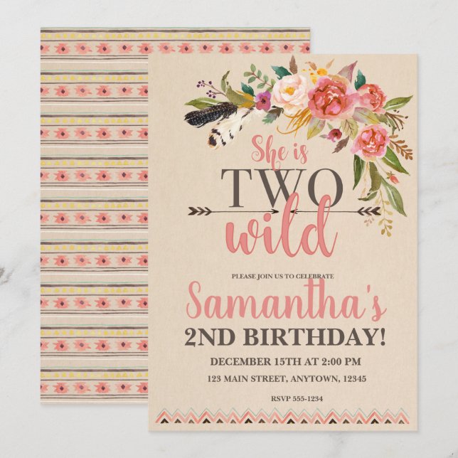 Deux Boho sauvage Chic Invitation d'anniversaire (Devant / Derrière)