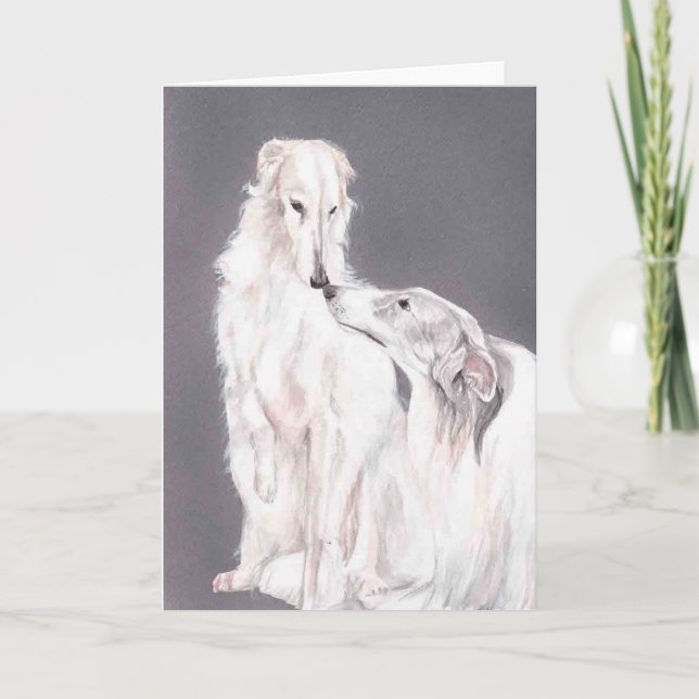 Deux Borzoi Chien Art Canine Carte de voeux pliée (Devant)