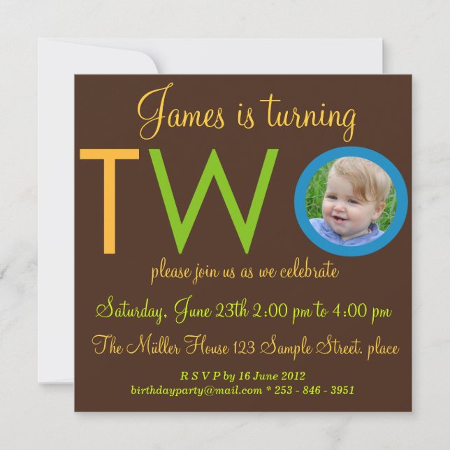 "DEUX" Boy Second Birthday Party Photo Invitations (Devant)