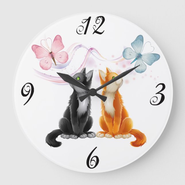 Deux chats et papillons Horloge murale (Recto)